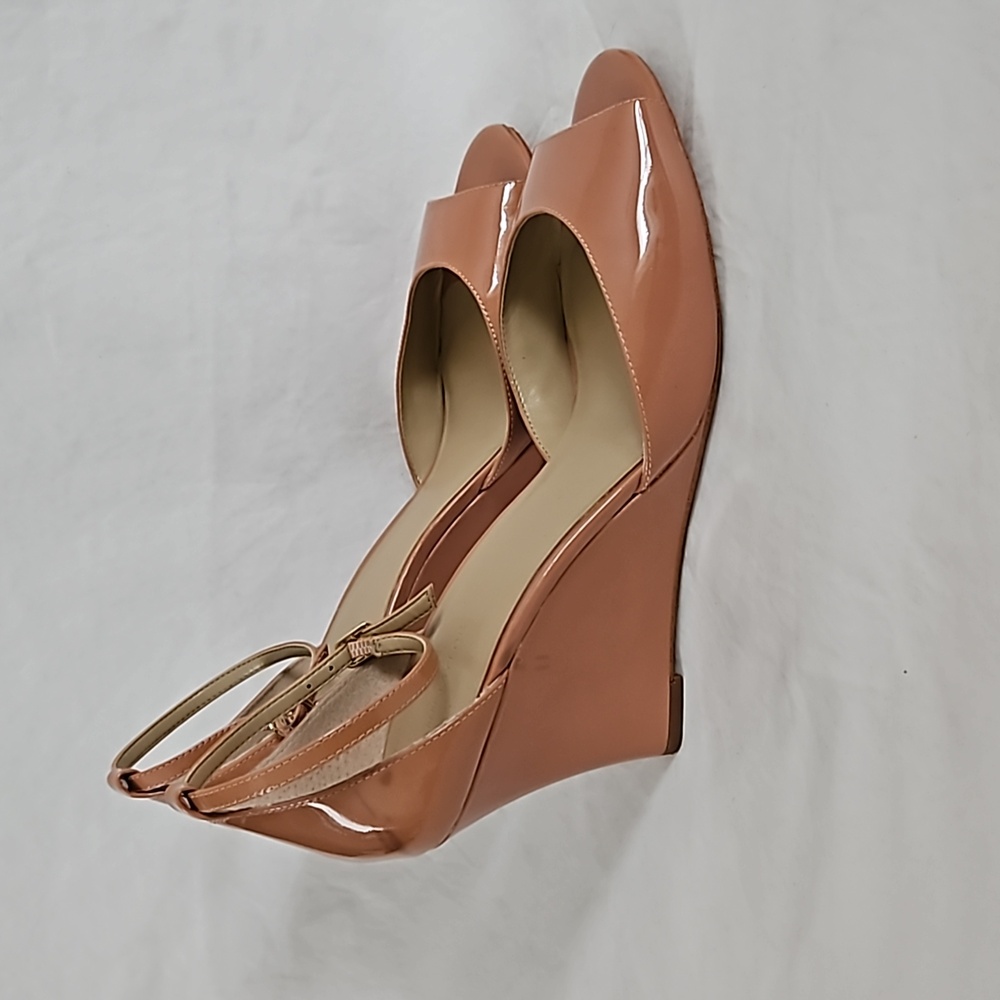 Ann Taylor Dagny Pink Patent Leather Peeptoe Ankle Strap Wedge Sandal Si…